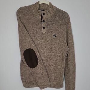 CHAPS Mens 100% Cotton Henley Sweater Size L Brown Mock Neck Elbow Patches Knit